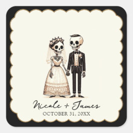 Pegatina Cuadrada Novia + Novio Esqueleto de Dibujos Animados Boda C