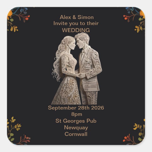 Pegatina Cuadrada Novia & Novio Royal Classic (Anverso)