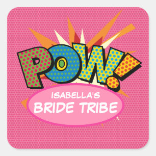 Pegatina Cuadrada Novia Tribu Divertida de Cómic Rosa Moderno
