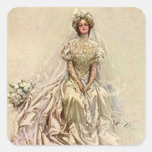 Pegatina Cuadrada Novia victoriana vintage, retrato de una novia ant