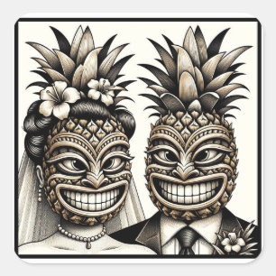 Pegatina Cuadrada Novia y Groom Aloha Pineapple Tiki Head Boda