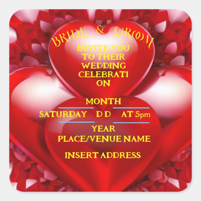 Pegatina Cuadrada NOVIA Y NOVIO Corazones de Amor Rojo (Anverso)