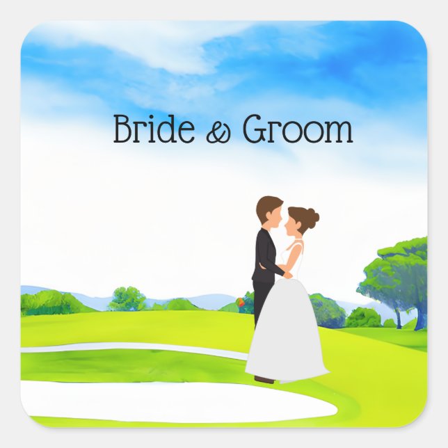Pegatina Cuadrada Novia y novio de boda de golfista en campo de golf (Anverso)