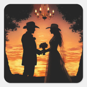 Pegatina Cuadrada Novia y novio de bodas country western