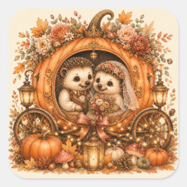 Pegatina Cuadrada Novia y novio erizo Carruaje de calabaza