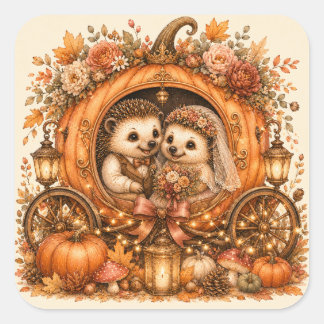 Pegatina Cuadrada Novia y novio erizo Carruaje de calabaza