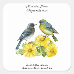 Pegatina Cuadrada Noviembre Mes de Nacimiento Flor Crisantemo Aves