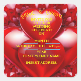 Pegatina Cuadrada NOVIOS Corazones de Amor Rojo