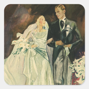 Pegatina Cuadrada Novios recién casados de boda Art Déco vintage
