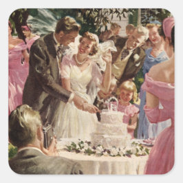 Pegatina Cuadrada Novios recién casados en boda vintage cortan la ta