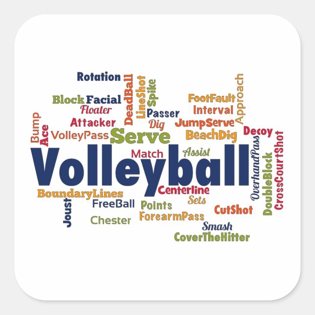 Pegatina Cuadrada Nube de palabras de voleibol (Anverso)