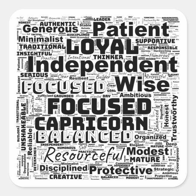 Pegatina Cuadrada Nube de palabras inspirada en el Zodíaco de Capric (Anverso)