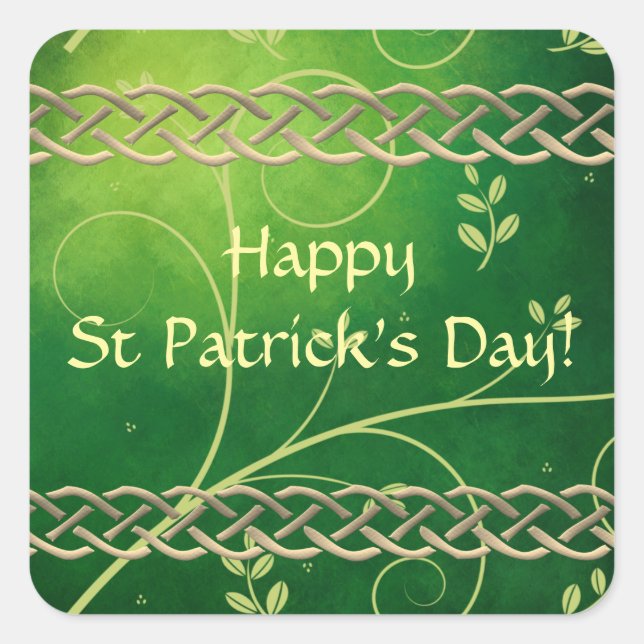 Pegatina Cuadrada Nudos y hojas verdes celtas (Anverso)