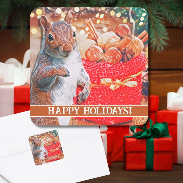 Pegatina Cuadrada Nueces de Navidades de ardilla (A cute squirrel in front of the Christmas tree makes for a sweet custom sticker for holiday cards!)