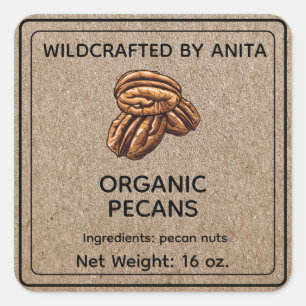 Pegatina Cuadrada Nueces de pécan orgánicas silvestres estilo de pap
