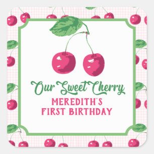Pegatina Cuadrada "Nuestra dulce cereza" cumpleaños rosa y verde