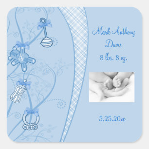 Pegatina Cuadrada Nuestra Nueva Adición En Hues Azules