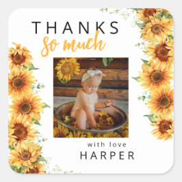 Pegatina Cuadrada Nuestra pequeña foto de cumpleaños de girasol Grac