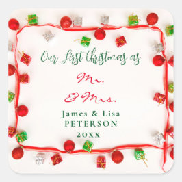 Pegatina Cuadrada Nuestra primera Navidad como Sr. y la Sra.