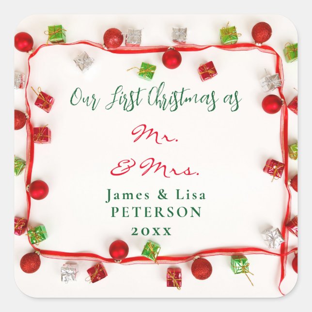 Pegatina Cuadrada Nuestra primera Navidad como Sr. y la Sra. (Anverso)