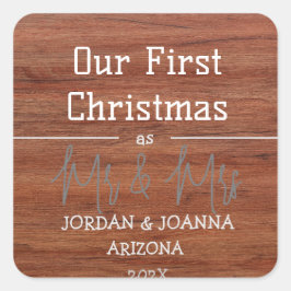 Pegatina Cuadrada Nuestra primera Navidad Sr. y Sra. recién casados 