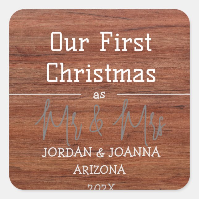 Pegatina Cuadrada Nuestra primera Navidad Sr. y Sra. recién casados  (Anverso)