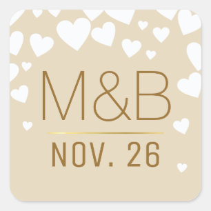 Pegatina Cuadrada nuestro boda, bonitos corazones de amor en taupe