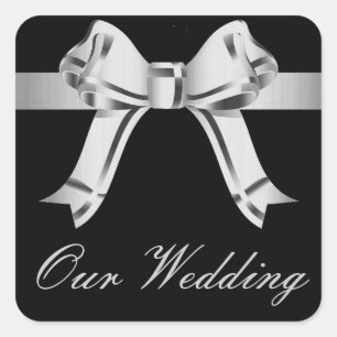 Pegatina Cuadrada "Nuestro Boda" - Bow plateado/gris y cinta de opci
