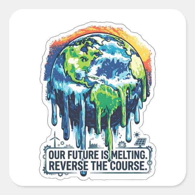 Pegatina Cuadrada Nuestro Futuro se Derrite | Conciencia sobre el Ca (Anverso)