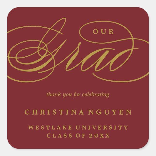 PEGATINA CUADRADA NUESTRO GRADUADO DE LETRA ELEGANTE | STICKER DE GR (Anverso)