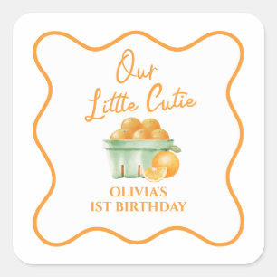 Pegatina Cuadrada Nuestro pequeño cumpleaños naranja tierno