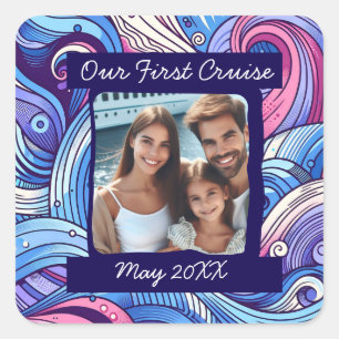 Pegatina Cuadrada Nuestro primer crucero Whimsical Waves Personaliza