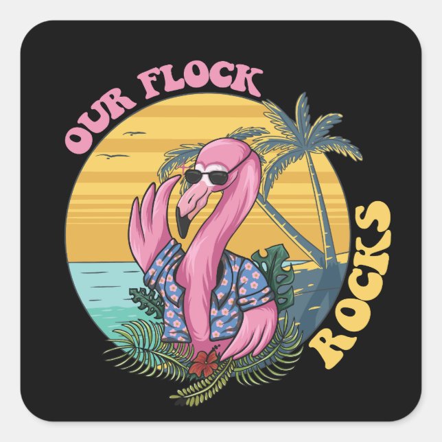 Pegatina Cuadrada Nuestros Relojes Rocas Flamingo Groovy Retro (Anverso)