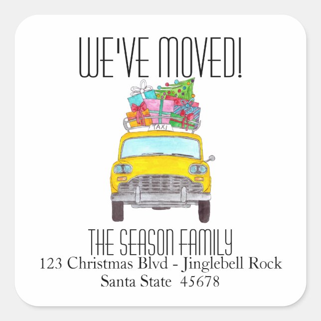 Pegatina Cuadrada Nueva dirección: Navidades de taxi amarillo (Anverso)