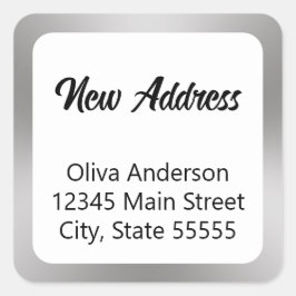 Pegatina Cuadrada Nueva dirección Plata Blanco y Negro Script y nomb