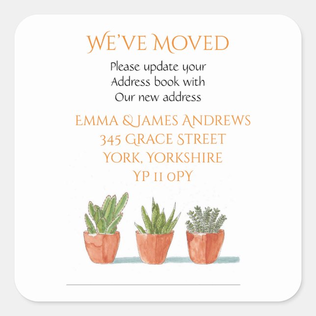 Pegatina Cuadrada Nueva dirección que hemos movido Naranja de Invita (Anverso)