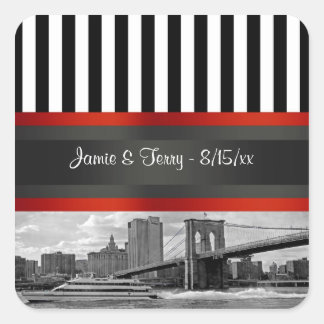 Pegatina Cuadrada Nueva York Skyline Brooklyn Bridge Boat Invitation