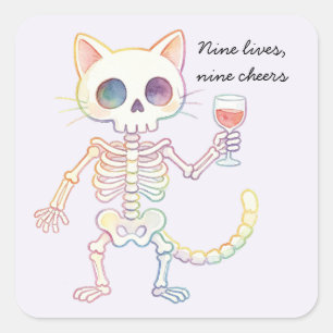 Pegatina Cuadrada Nueve Vidas Nueve Cheers Gatito Esqueleto Lindo de