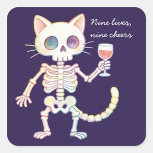 Pegatina Cuadrada Nueve Vidas Nueve Cheers Gatito Esqueleto Lindo Ha