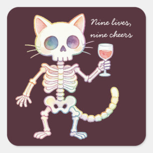 Pegatina Cuadrada Nueve Vidas Nueve Cheers Gatito Esqueleto Lindo Ha
