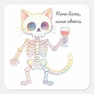 Pegatina Cuadrada Nueve Vidas Nueve Cheers Gatito Esqueleto Lindo Ha