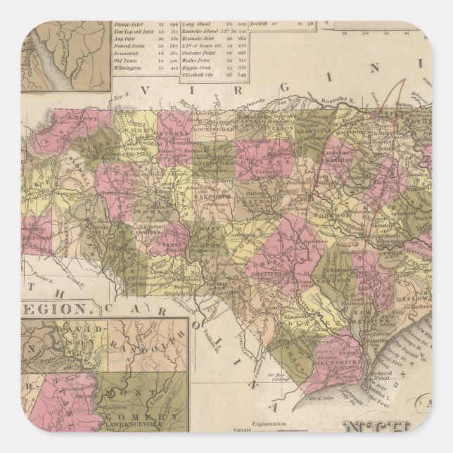 Pegatina Cuadrada Nuevo mapa de Carolina del Norte (Anverso)
