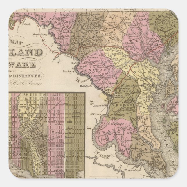 Pegatina Cuadrada Nuevo mapa de Maryland y Delaware (Anverso)