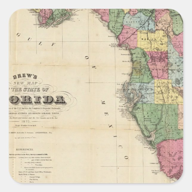 Pegatina Cuadrada Nuevo mapa del estado de Florida de Drew (Anverso)