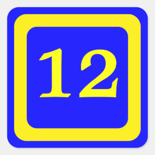 Pegatina Cuadrada número 12, fondo azul, marco amarillo