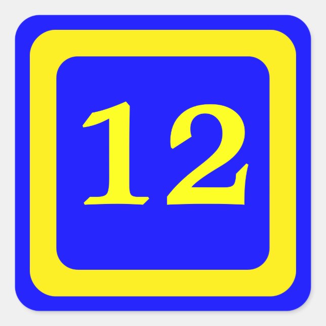 Pegatina Cuadrada número 12, fondo azul, marco amarillo (Anverso)