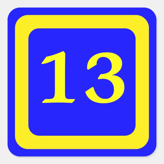 Pegatina Cuadrada número 13, fondo azul, marco amarillo (Anverso)