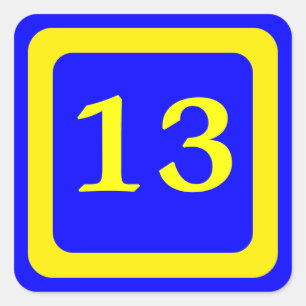 Pegatina Cuadrada número 13, fondo azul, marco amarillo