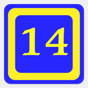 Pegatina Cuadrada número 14, fondo azul, marco amarillo