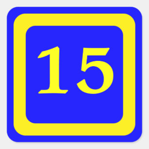 Pegatina Cuadrada número 15, fondo azul, marco amarillo